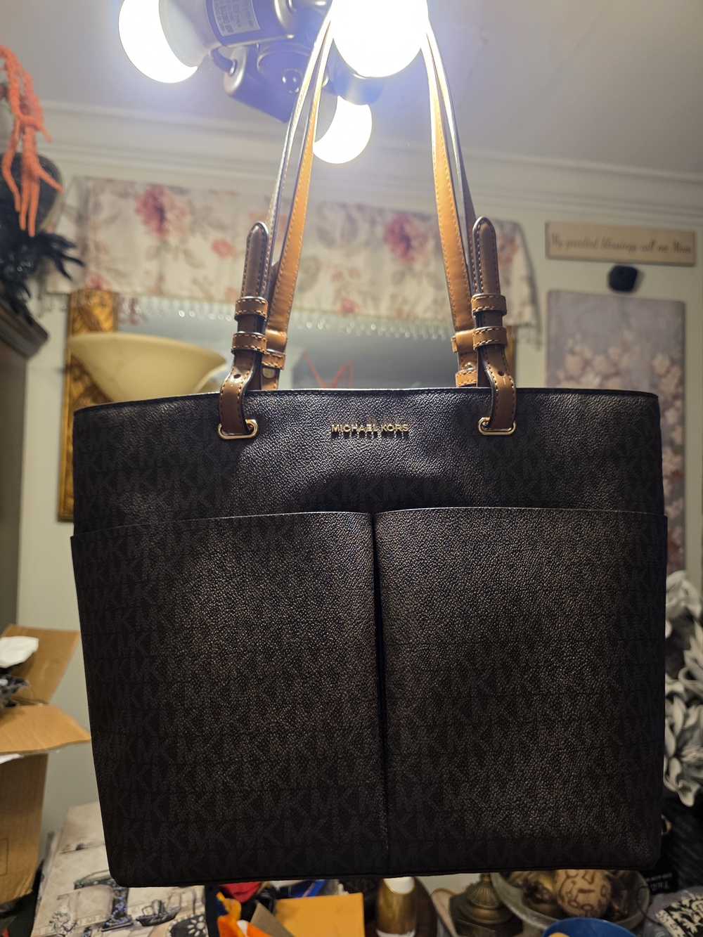 Michael Kors Brown/Black Logo Tote with Tan Straps